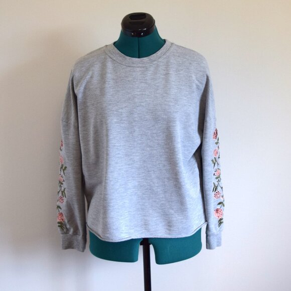 Crewneck Gray Sweater with Pink Embroidered Flower Sleeves - Picture 1 of 8